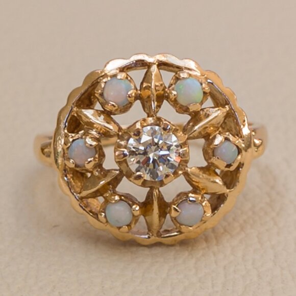 Vintage 14k Gold Rosette Ring · .25 ct Diamond + Opal Halo · Sz 6 ½ - Picture 7 of 16